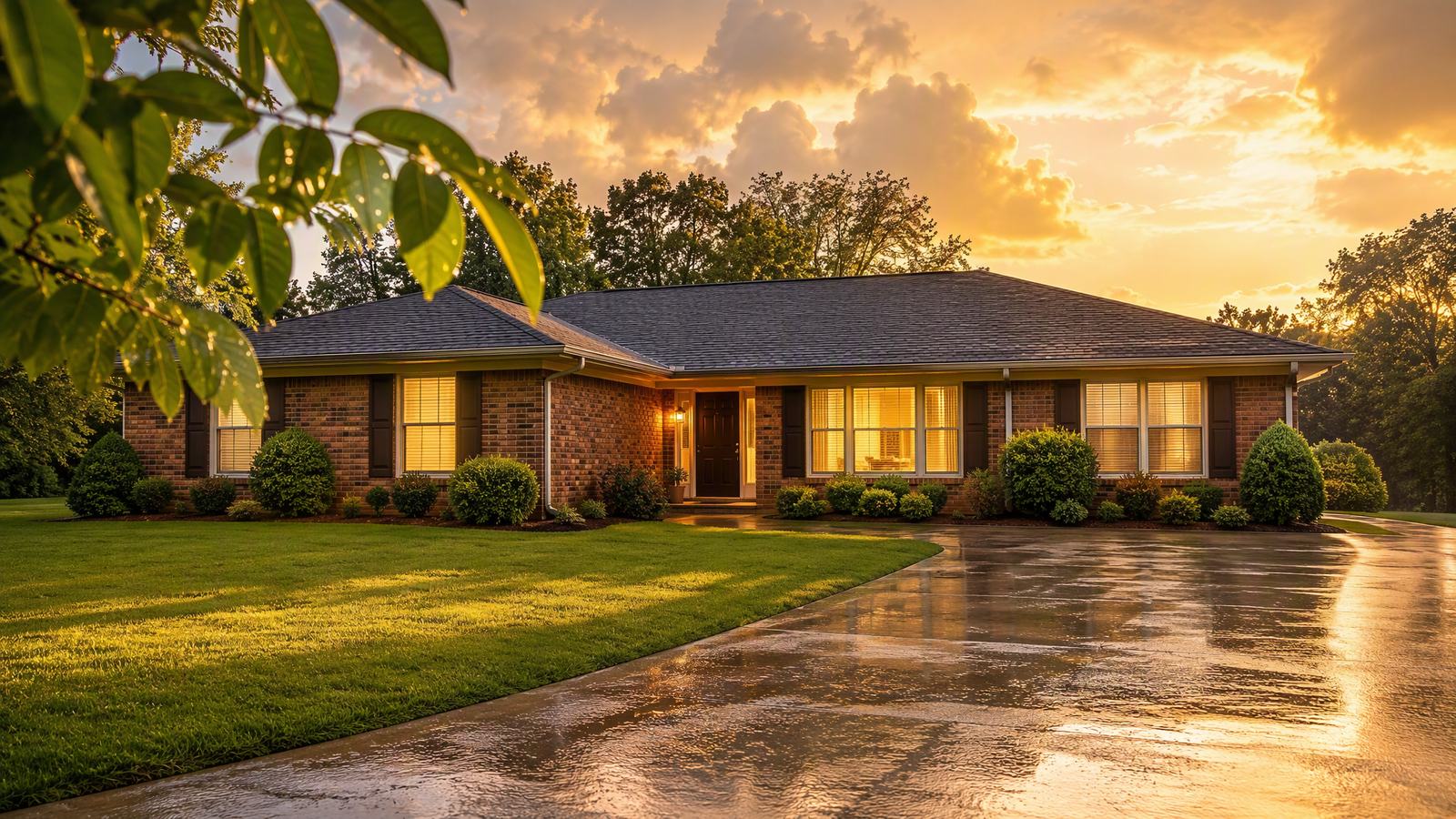 Golden-hour brick ranch home in Tupelo after a storm, rain-washed driveway glistening